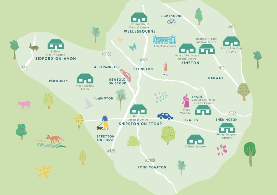 map showing locations that Shipston Hospice Supports